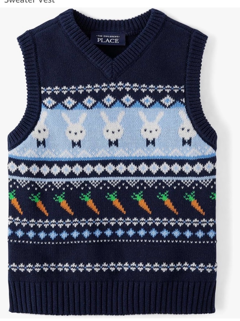The Children's Place Navy, Light Blue & White Bunny and Carrot Knit Vest